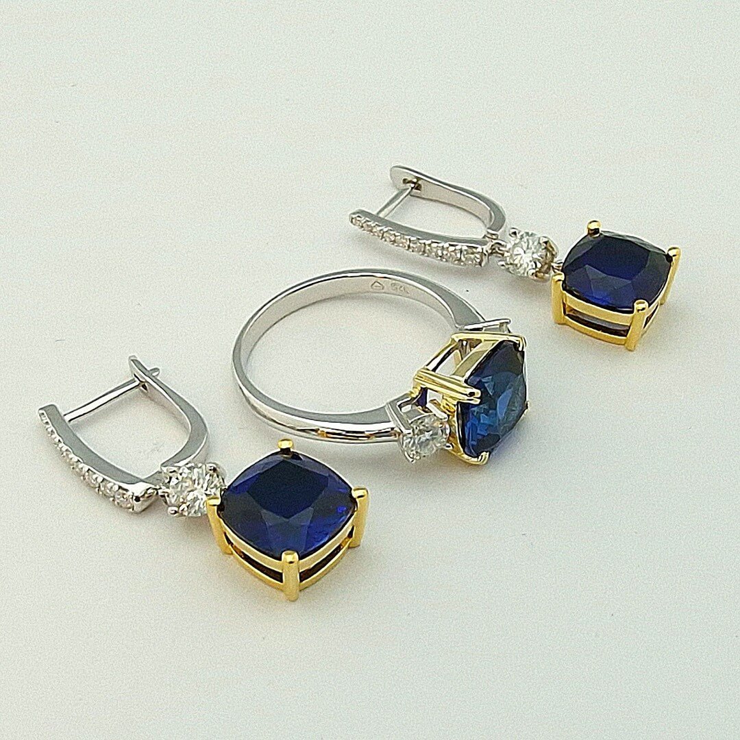 Lab Sapphire & Moissanite Silver Ring Earrings