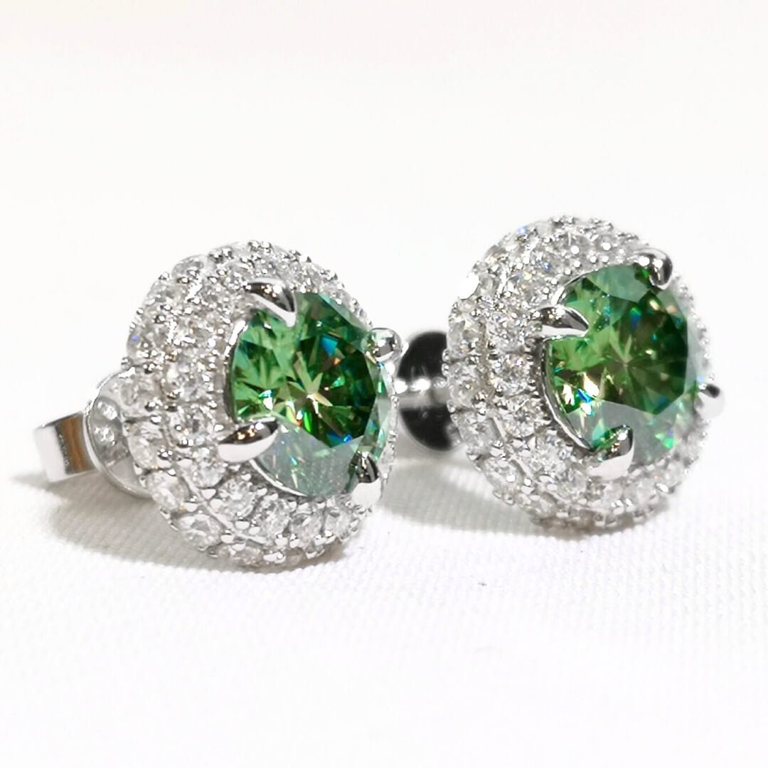Green and White Moissanites Halo Earrings Sterling Silver