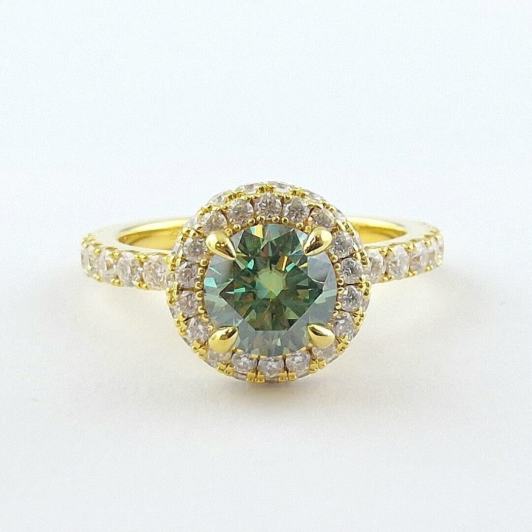 Green and Moissanite 14K Yellow Gold Vermeil Ring