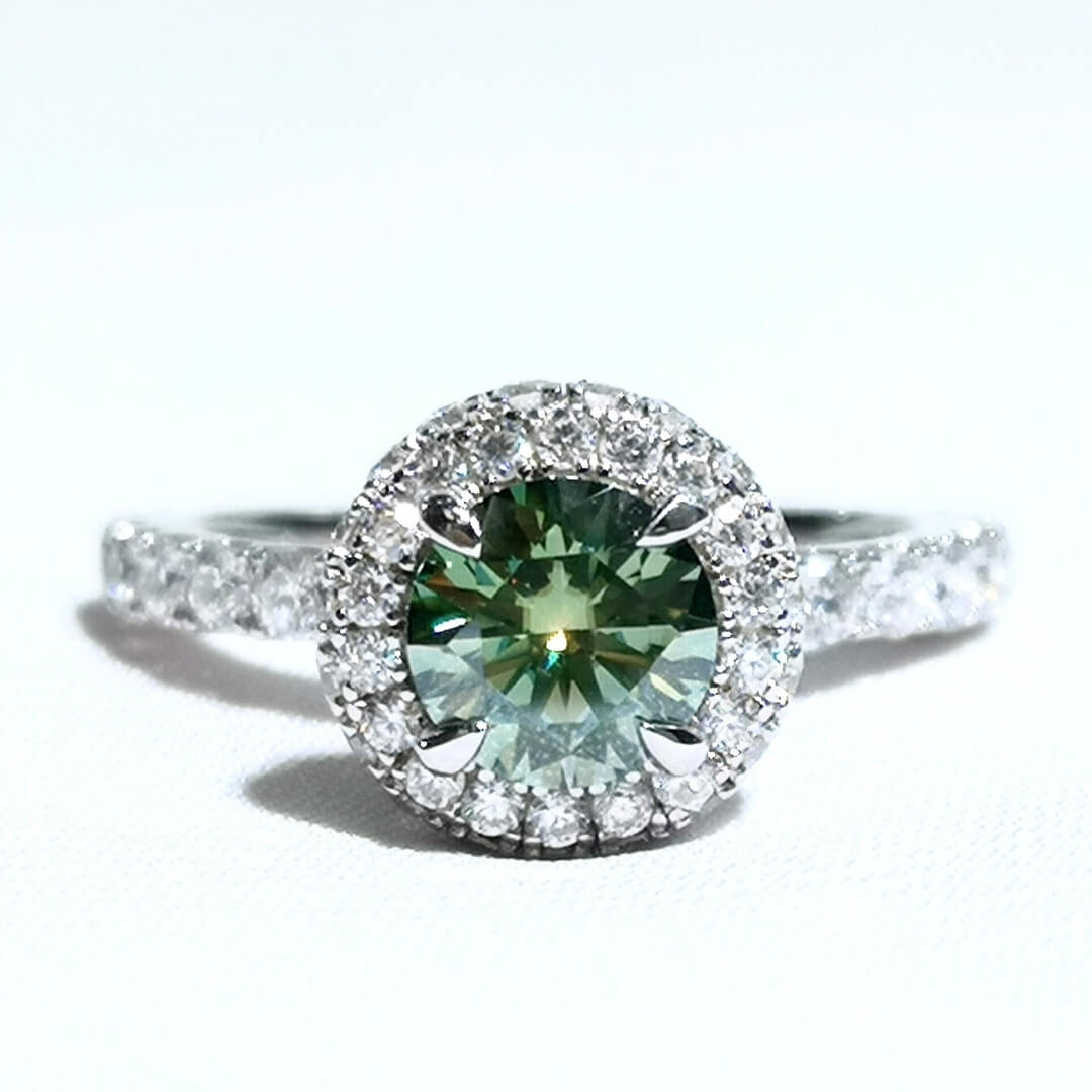 Green and White Moissanites Ring Platinum Plated Sterling Silver